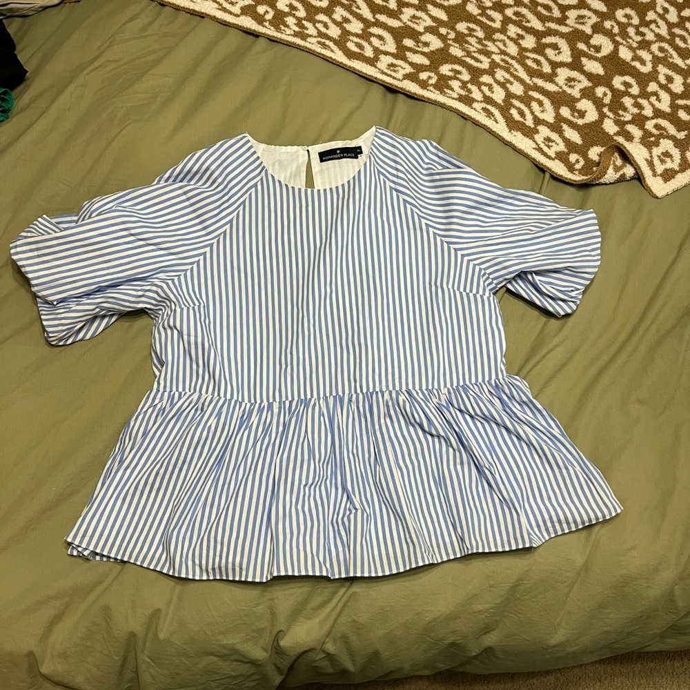 Pomander Place Blue and White Striped Peplum Top